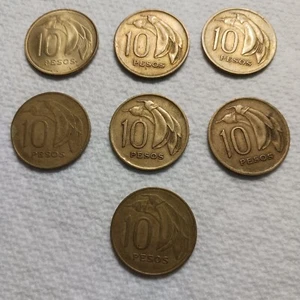 URUGUAY- 1968 - 10 PESOS URUGUAYOS - LOT OF 7 COINS - CIRCULATED - LOT #164 - Picture 1 of 4
