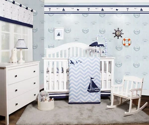 5 PCS Bumperless Nautical Sailor Baby Boy Nursery Crib Bedding Sets OptimaBaby - Picture 1 of 4