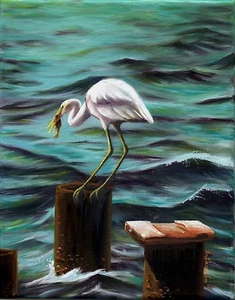 Original Oil Painting of Snowy Egret - Lunch, 8x10in, Framed, Signed - Picture 1 of 3