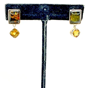 AT03 Lori Bonn 925 Sterling Silver Citrine And Amber Stones Dangle Earrings - Picture 1 of 8