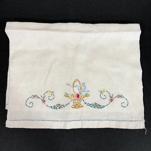 Retro Tea Towel Embroidered Flower Basket with Stripe, Pink Blue Yellow Vintage - Picture 1 of 8