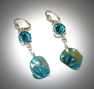 Blue Zircon Swarovski 10mm Crystal Earrings With Shells Silver Plate Leverbacks - Picture 1 of 8