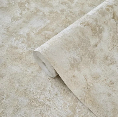 Papel pintado texturizado desgastado imitación yeso metálico dorado latón crema beige marfil Foto 1 de 4