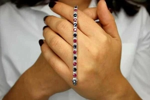 7Ct Round Lab-Created Red Ruby & Sapphire Tennis Bracelet 14K White Gold Plated - Picture 1 of 7