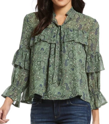 Blusa de gasa con volantes campesinos Lucky Brand para mujer Plus 1X verde cachemira poeta Foto 1 de 4