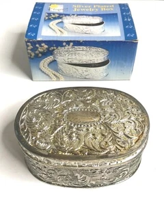 Vintage Silver Plated Oval Jewelry Trinket Box W/ Burgundy Red Velvet Lining NOS - Picture 1 of 10