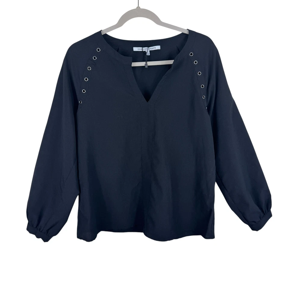 Blusa Ligera Collective Concepts Nueva Sin Etiquetas Negra Manga Larga Cuello Dividido Remache L Foto 1 de 4