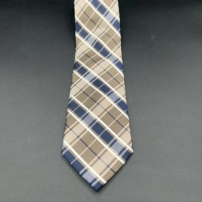 Tommy Hilfiger 100% 真丝领带棕色蓝色白色格子免运费  — 第 1/4 张图片