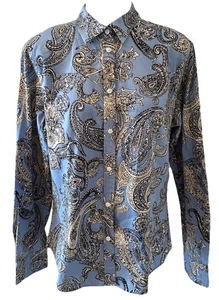 TALBOTS Stretch Baumwollsatin PAISLEY Bluse Hemd Knopf BLAU CREME GRÖSSE 12 LESEN - Bild 1 von 11