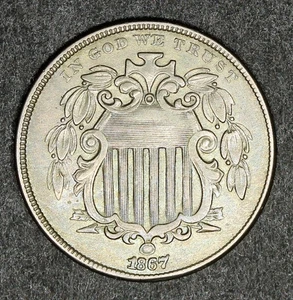 Choice AU 1867  "No Rays"  US SHIELD Nickel ... AU - Picture 1 of 2