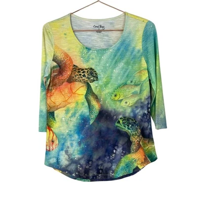 Camiseta Coral Bay Mujer Pequeña Colorida Pez Tortuga Estrás Mangas 3/4 Foto 1 de 4