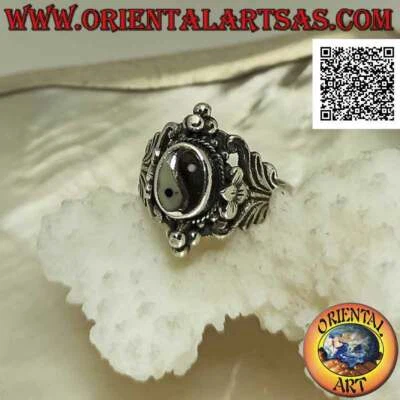 Anello in Argento 925‰ yin yang di onice e madreperla su montatura etnica con de - Immagine 1 di 4