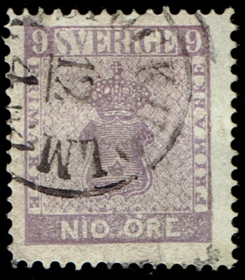 SWEDEN - 1858 - COAT OF ARMS - 9o Vio - Sc #7 - Used F/VF - CV $137 - Image 1 of 2