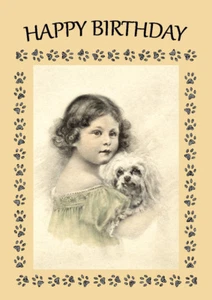 MALTESISCHES KLEINES MÄDCHEN UND HUND GEBURTSTAGSGRUSSKARTE NOTIZKARTE - Bild 1 von 1
