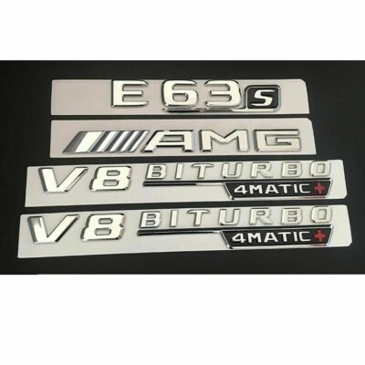 Chrome E63s AMG V8 BITURBO 4MATIC+ Trunk Fender Badges Emblems for Mercedes Benz - Image 1 of 3