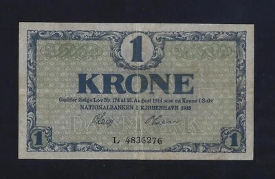 DENMARK 1 KRONE  1918 P-12 Very Fine - Image 1 of 2