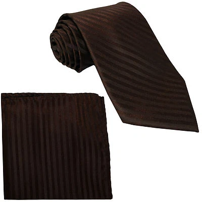 Nuevo Poliéster Tejido Para Hombre Cuello Corbata y Pañuelo Conjunto Rayas Marrón Boda Foto 1 de 3