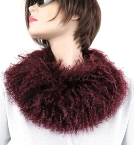 Fur Scarf Tibetan Lamb Boa Loop Collar Sheepskin Trim Fur Coat Jacket Bordeaux - Picture 1 of 4