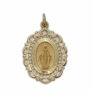 14K GOLD OVAL FILIGREE MIRACULOUS MEDAL POLISHED BORDER FINISH NECKLACE - Picture 1 of 1