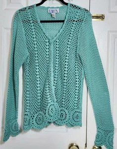 Cárdigan suéter manga larga tejido ganchillo verde azulado BFA Classics talla M - Imagen 1 de 6
