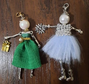 2 French Pendant Doll Charms W/ Rhinestones Faux Pearl Heads Holiday Ornaments  - Picture 1 of 11