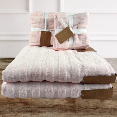 Loft By Loftex 8 Pc Set 100% Cotton Bath, Face Wash, Hand Towels Pedal Pink New - Image 1 of 4