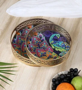Ethnic Indian Peacock Design Serving Trays Set (8 Inches & 10 Inches) - Picture 1 of 7