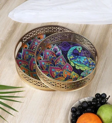 Ethnic Indian Peacock Design Serving Trays Set (8 Inches & 10 Inches) - Image 1 of 4