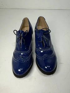 Womens Euro 41 Blue Patent Leather Lace Up Block Heel Wingtip Oxford Shoes - Picture 1 of 6