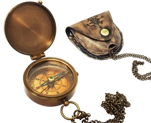 Brass Compass Nautical Pocket Backpacking Compass Leather Case Vintage Campin... - Picture 1 of 8
