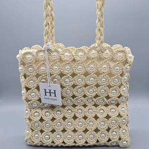 Haute Hippie Beaded Tote Straw Bag Neutral With Pearl Accents Handbag - Picture 1 of 12