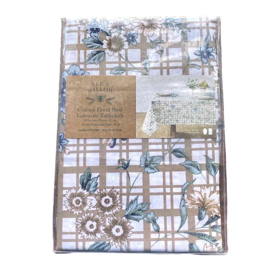 Bee & Willow Cottage Floral Plaid Laminated Fabric Oblong Tablecloth 60x84 New! - Image 1 of 2