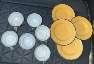 Set of 6 Vintage Enamelware Enamel Metal Plates & Cups Yellow Color - Picture 1 of 15