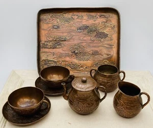 Japanische Miniatur ~ MISCHMETALL TEESERVICE & TABLETT ~ Teekanne Zucker Milchkännchen Tasse & Untertasse - Bild 1 von 12