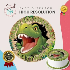 DINOSAUR (T REX) EDIBLE ROUND BIRTHDAY CAKE TOPPER DECORATION PERSONALISED - Picture 1 of 7