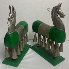 2 Green Vintage Trojan Horse Metal Art Wood Sculpture Statues 12"x 9.25in