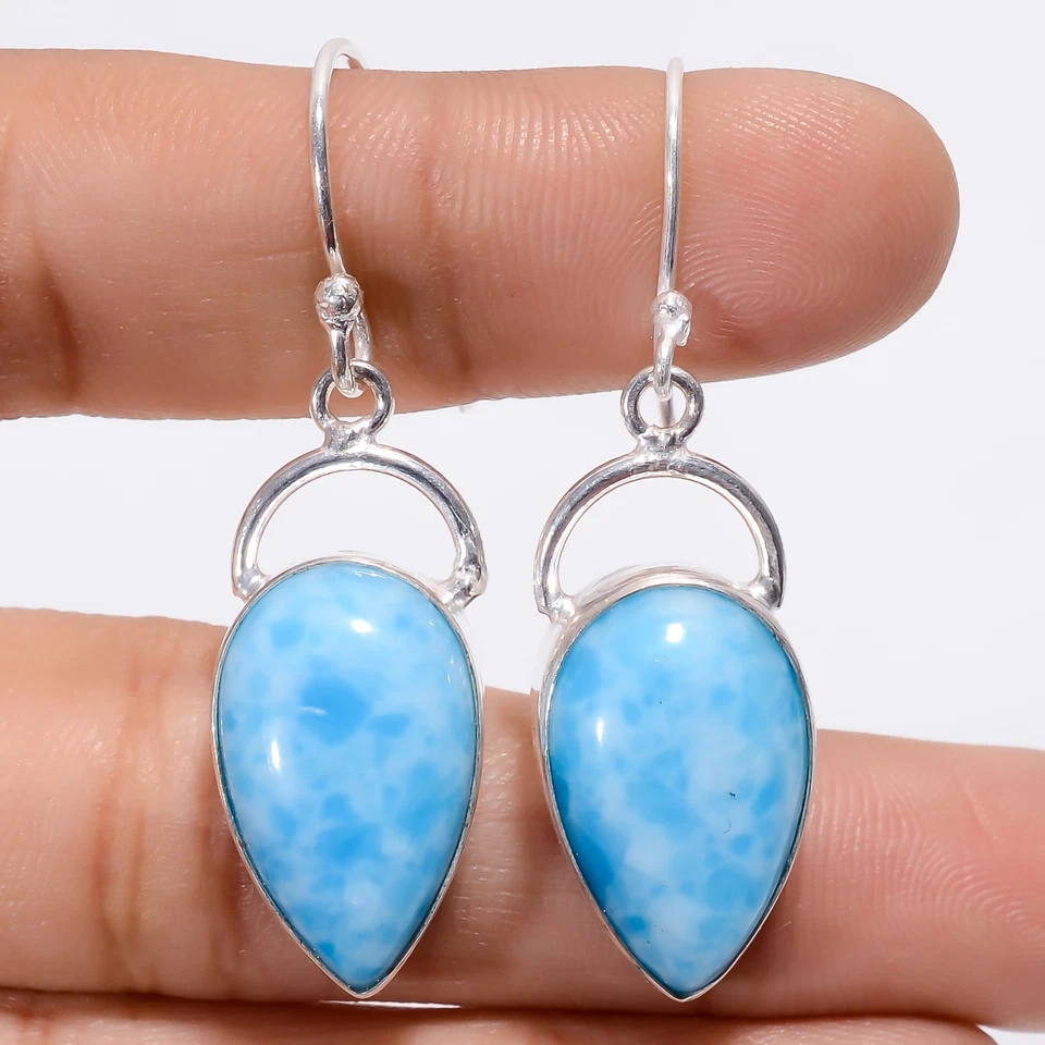 Pendientes colgantes hechos a mano de plata 925 con piedras preciosas Larimar creados en laboratorio 1,7" ARE-3684 Foto 1 de 1
