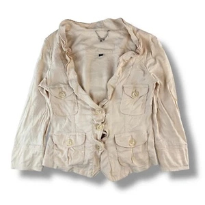 Bebe Ivory Linen Blazer Boho Chic 3/4 Sleeve Size 6 Button Up Ruffled Fairy Core - Picture 1 of 6