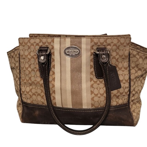 Coach Hampton borsa a tracolla firmata a righe borsetta tote marrone beige