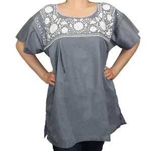 ORO IMPORT CAMPESINA PUEBLA BORDADA A MANO BLUSA MEXICANA TOP PEQUEÑO GRIS - Imagen 1 de 3