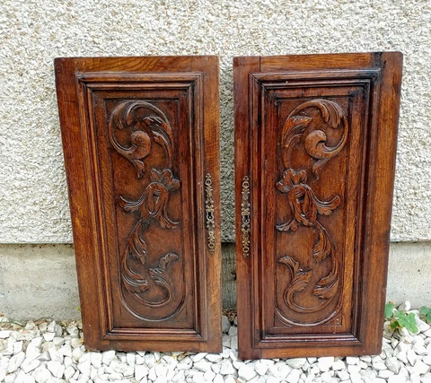 PAIR Antique Victorian 12x25" Ornate Wood Architectural Furniture Door Panels Cover
