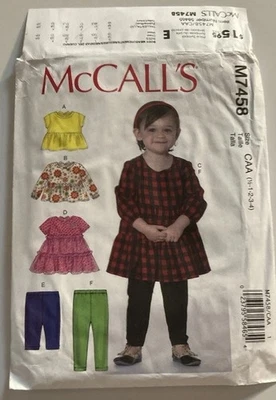 McCall's M7458 Toddler Girl's Size 1/2 to 4 Top, Dress, Leggings Sewing Pattern - Image 1 of 4