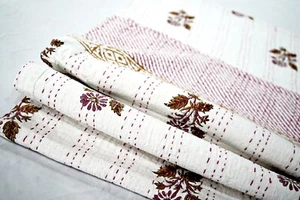 Beautiful Pink & White Kantha Quilt Bedspread Throw Cotton Bedcover Block Print - Picture 1 of 14