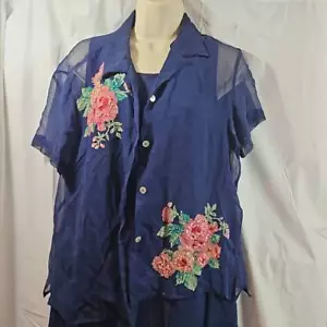 Vestido y Blusa Vintage Robbie Bee 100 % Seda Acento Floral 2 Piezas Azul - Imagen 1 de 16