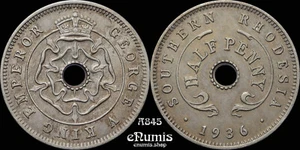 SOUTHERN RHODESIA, George V, 1/2 Half Penny 1936, RARE!, toned, UNC - Picture 1 of 4