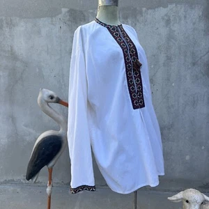 Vintage 1930s Romanian Peasant Blouse Embroidered Trim Oversized Dress Top Tie - Picture 1 of 18