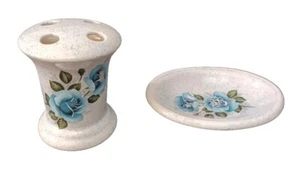 Vintage Soap dish & Toothbrush Holder Set Ceramic Blue Flowers Retro Decor - Picture 1 of 12