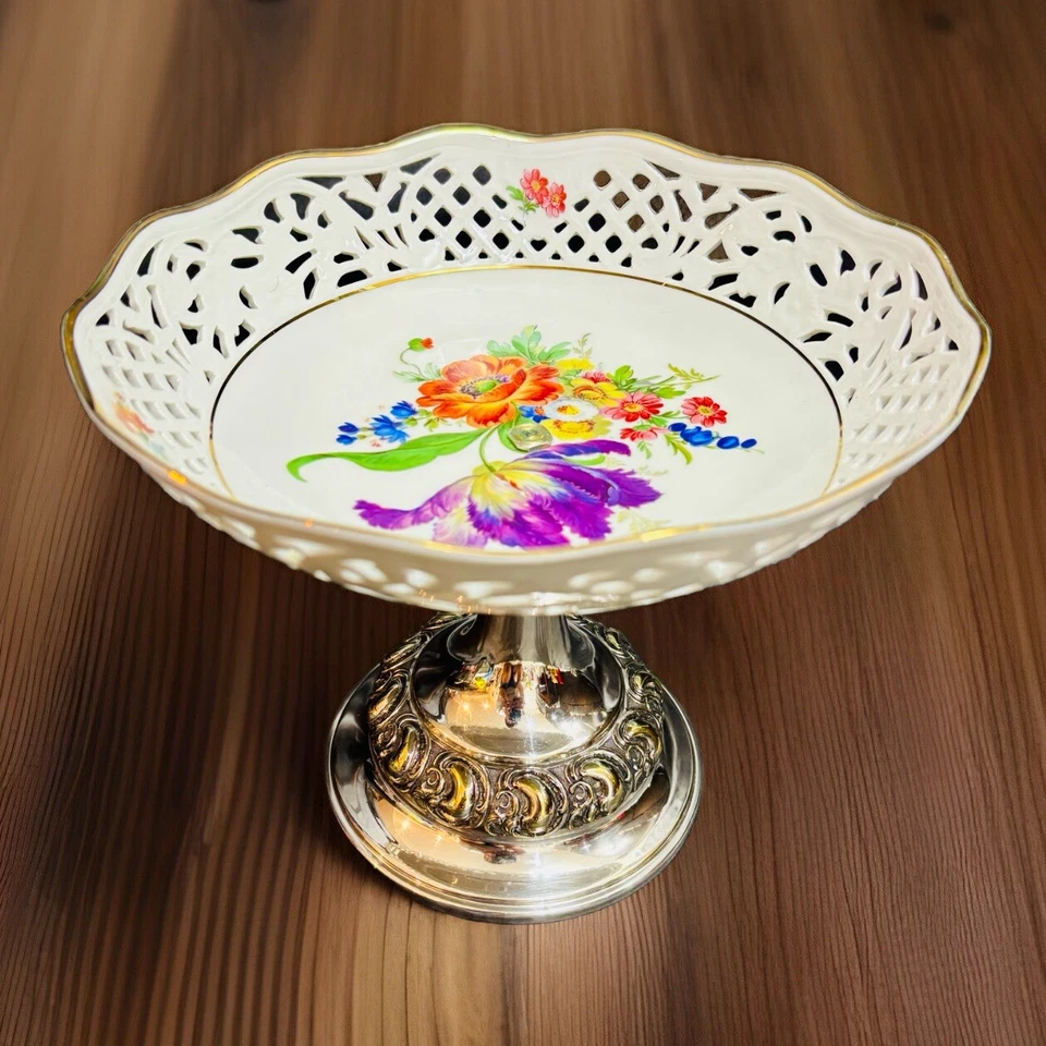 Compota de porcelana reticulada Schumann Arzberg vintage RARA con base plateada Foto 1 de 4