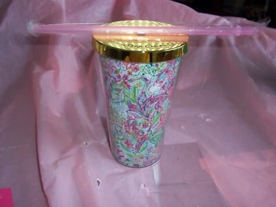 Copo Lilly Pulitzer canudo rosa verde flamingo floral rosa azul verde novo - Imagem 1 de 4