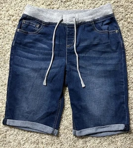 Justice Girls Pull On Bermuda Cuffed Denim Shorts Knit Waist Drawstring Size 16 - Picture 1 of 14